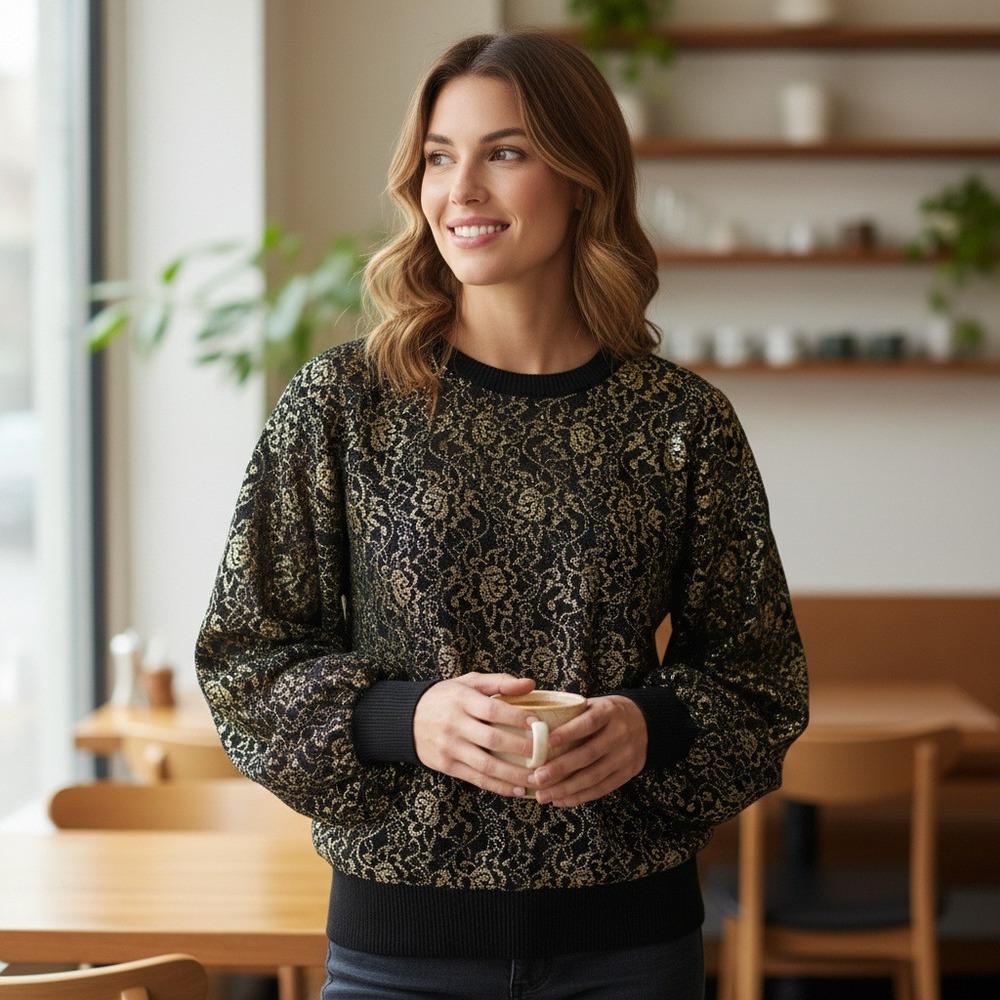 Destinee Lambswool Black Gold Lace‎ Overlay Knit Sweater Women's Medium Vintage